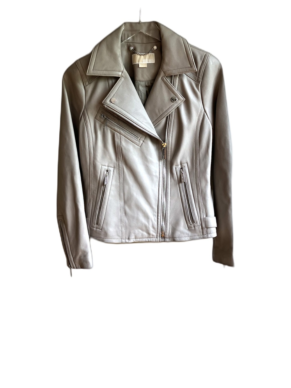 Michael Kors Grey 100% Leather Moto Jacket Size S Silver Asymmetric Zip Pockets